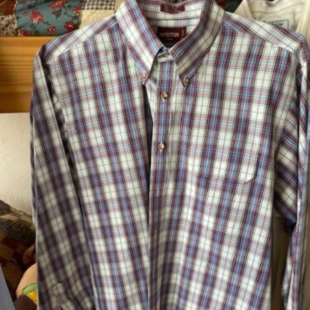 NORDSTROM * l/s BLUE White RED PLAID Dress SHIRT~ button collar & cuffs ~ XL